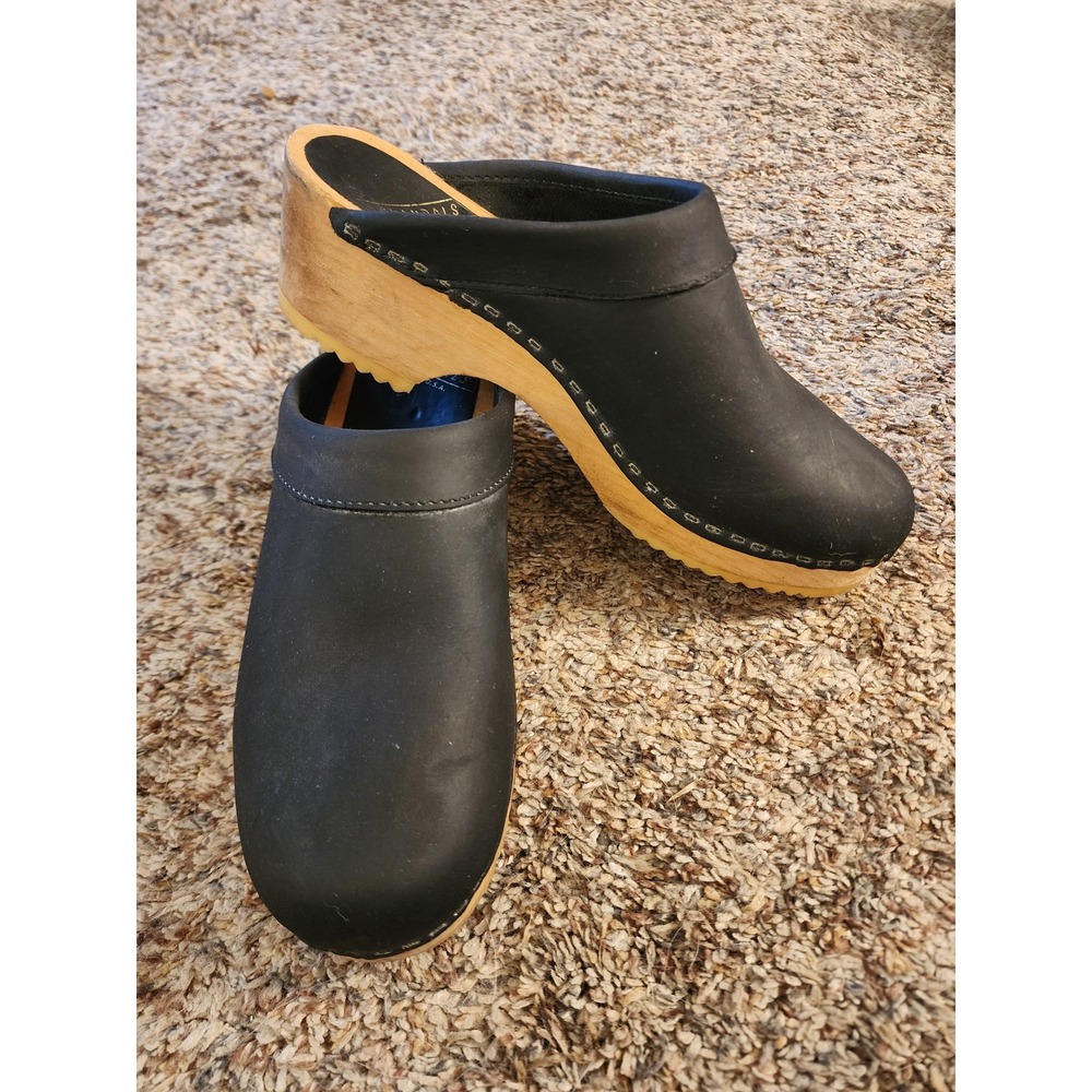 Skandals Black Leather Wooden Clogs Slip On Mules Made in USA Vollsjö Size 39